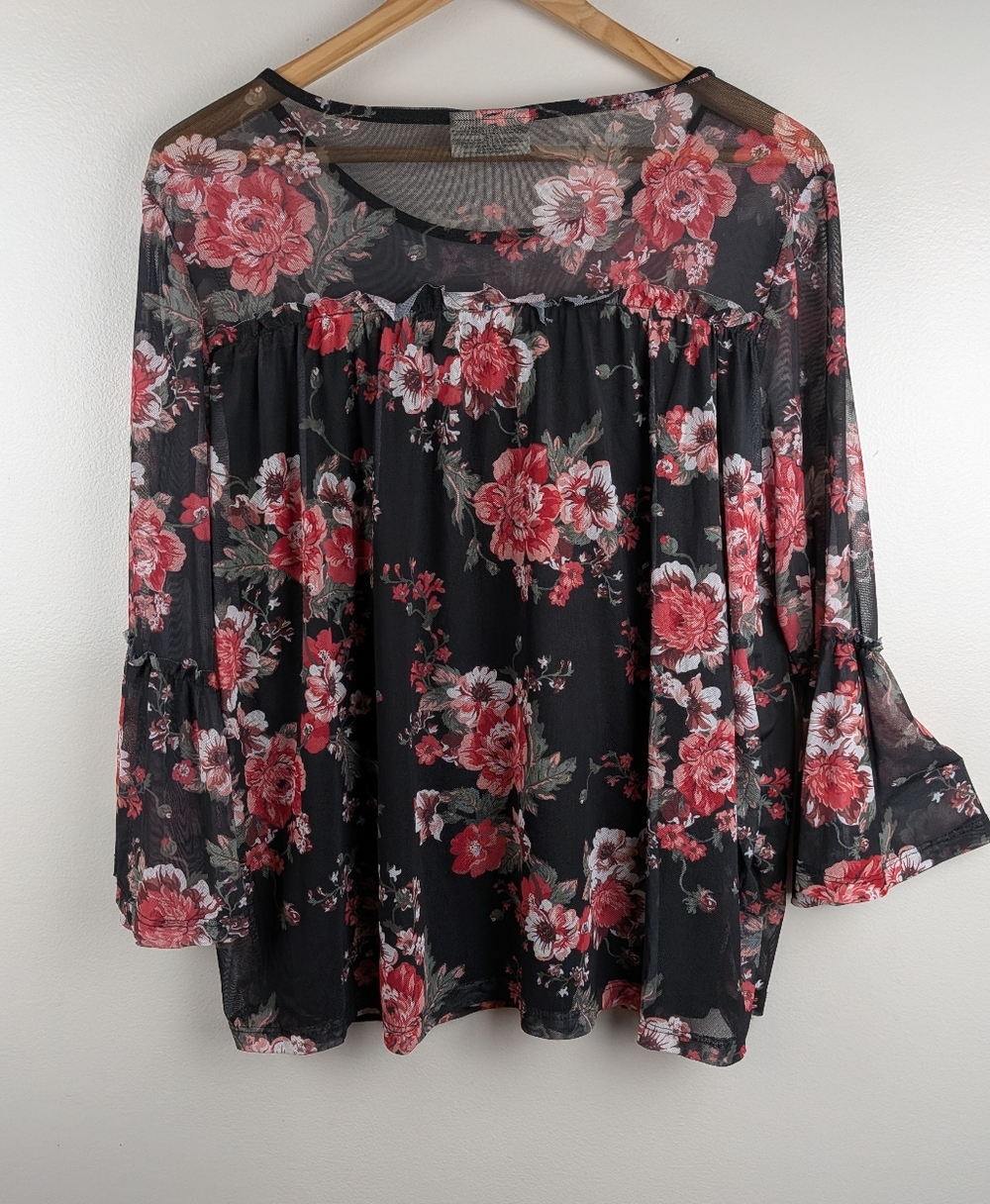 Bobbie Brooks Mesh Black Floral Bell Sleeve Peasant Blouse Top L Boho Romantic